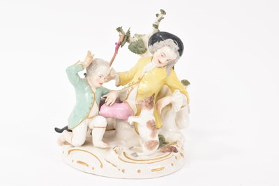 Lot 154 - 18th century German porcelain figure group, with a boy and man teaching a dog standing on its hind legs, with a goat at the back, 'W' mark in underglaze blue, 14.75cm high