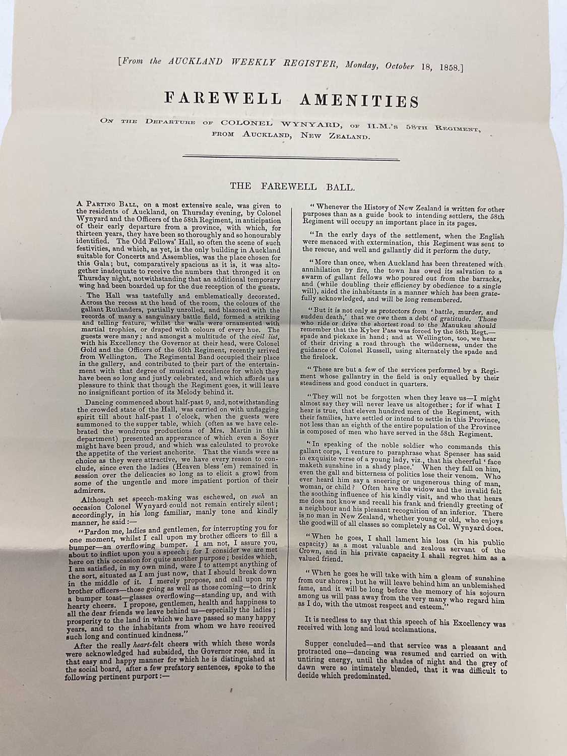 Lot 83 - Of New Zealand Interest, two printed 'Farewell Amenities' dated October 18th, 1858, on the departure of Colonel Wynyard, of H.M.'s 58th Regiment from Auckland, New Zealand, a printed account of...
