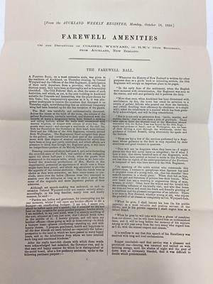 Lot 83 - Of New Zealand Interest, two printed 'Farewell Amenities' dated October 18th, 1858, on the departure of Colonel Wynyard, of H.M.'s 58th Regiment from Auckland, New Zealand, a printed account of...