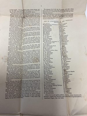 Lot 83 - Of New Zealand Interest, two printed 'Farewell Amenities' dated October 18th, 1858, on the departure of Colonel Wynyard, of H.M.'s 58th Regiment from Auckland, New Zealand, a printed account of...