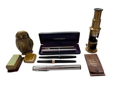Lot 341 - Brass portable microscope together with two Sheaffer pens and other sundry items.