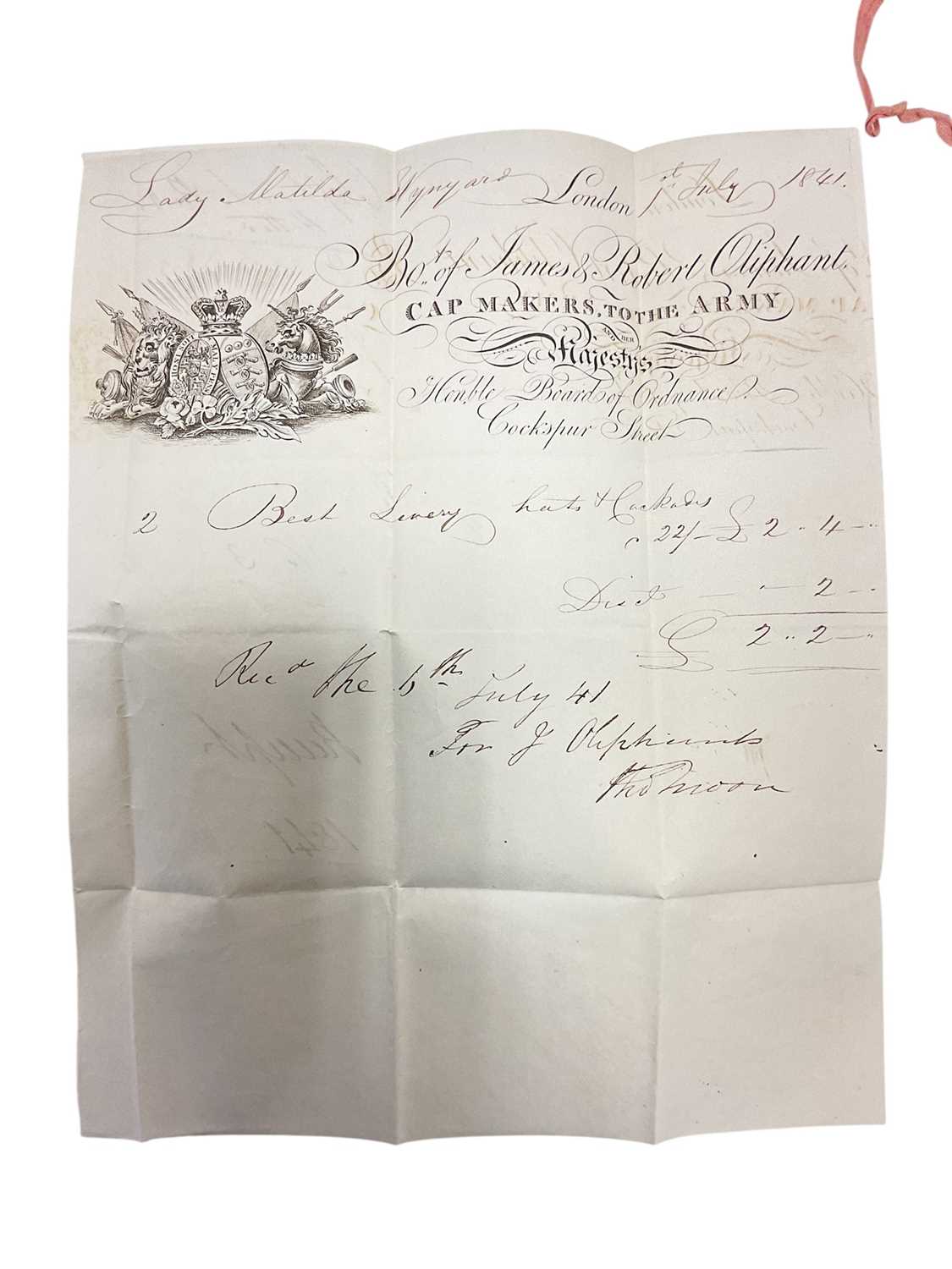 Lot 84 - Collection Lady Wynyard's late Georgian and early Victorian tradesmen's receipts including a receipt from Jonathan Phillips China, earthenware and glass manufacturer at Wedgwood's Ware Rooms, Ox...