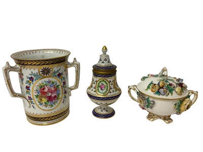 Lot 120 - A Sèvres style porcelain vase and cover, with brass screw thread, together with a Dresden tyg and a Coalbrookdale type twin handled bowl and cover