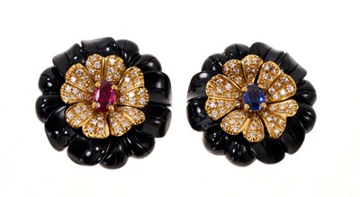 Lot 570 - Pair of Capello carved onyx, sapphire, ruby and diamond flower earrings in 18ct gold setting