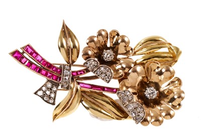 Lot 573 - 1940s/50s gold, diamond and ruby floral spray clip/brooch