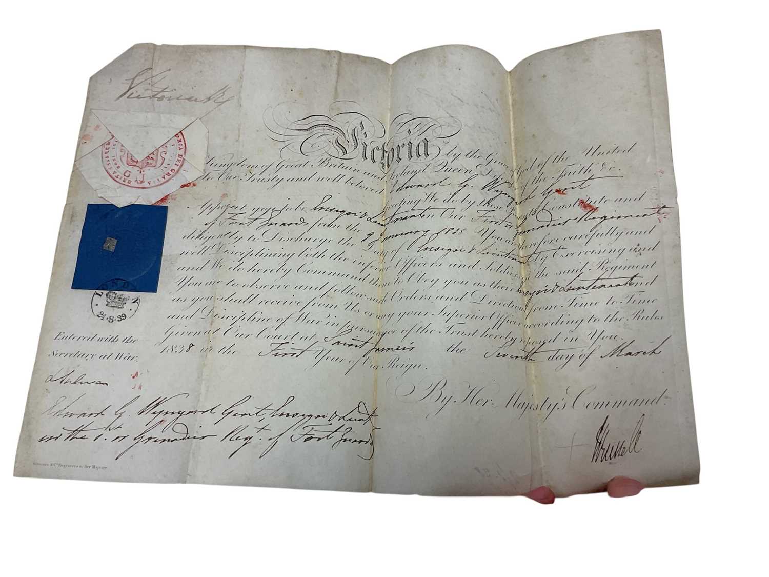 Lot 89 - H.M. Queen Victoria signed Officer's commission appointing Edward G. Wynyard an Ensign and Lieutenant in the Ist Grenadier Regiment of Foot Guards, dated 7th March 1838
