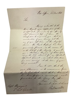 Lot 91 - His Grace The Duke of Wellington K.G., signed order appointing Major General E.B.Wynyard C.B. in command of the 58th Regiment dated 3rd February 1851, another order signed by Lord Palmerston all...