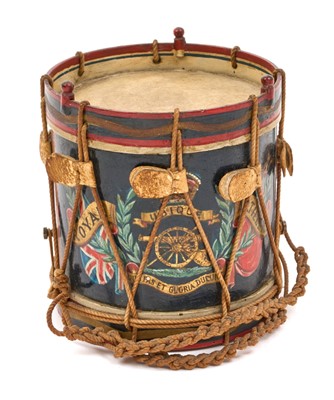 Lot 123 - Good quality early 20th century miniature Royal Artillery regimental drum with hand painted regimental badge and flags,7.9cm in overall height.