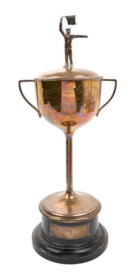 Lot 125 - George V silver trophy cup with engraved presentation inscription "Signal School Shotley General Efficiency Cup Presented by Lieutenant Cyril D. Fenn R.N. August 1912" and cover with figural kno...