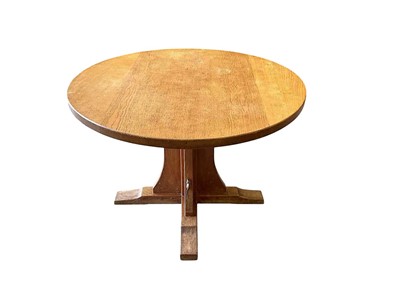 Lot 1525 - Robert 'Mouseman' Thompson oak breakfast table, with circular adzed top on quatreform pedestal base, 107cm diameter x 74cm high