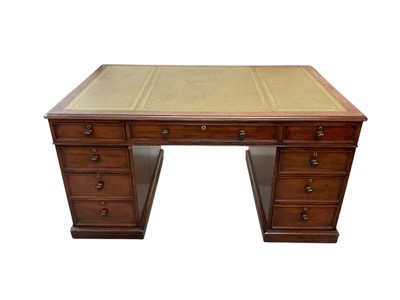 Lot 1545 - Early Victorian mahogany partners’ desk, with leather inset top and nine drawers to the kneehole with three drawers and twin cupboards to opposing kneehole, on plinth bases, 152cm wide x 99cm dee...