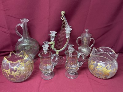 Lot 171 - Group of 18th/19th century continental glassware with gilt decoration, together with an unusual harp-form candelabrum