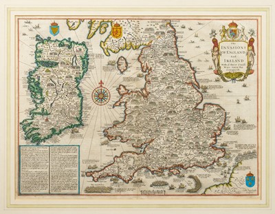 Lot 940 - John Speed 17th century hand coloured map: The Invasions of England and Ireland
