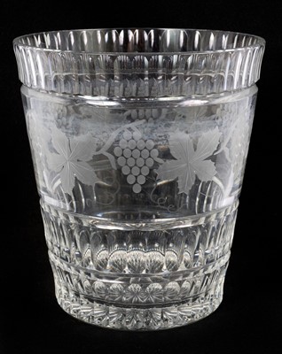 Lot 173 - 19th century style cut glass wine cooler, with engraved grapevine border, 23cm high x 21cm diameter