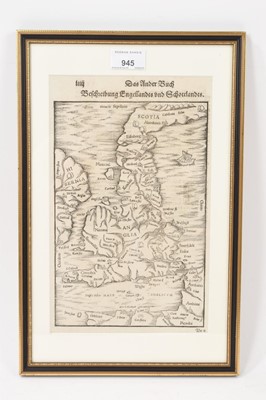 Lot 945 - Sebastian Munster, 16th century engraved map of Britain, circa 1588, German text verso, 33 x 20cm