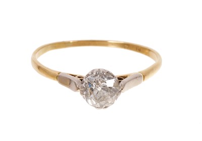 Lot 594 - Diamond single stone ring with an old cut diamond estimated to weigh approximately 0.89cts, in platinum setting on 18ct gold shank.