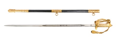Lot 67 - Good George VI Naval Officer's dress sword with gilt lion's head pommel, wire bound shagreen grips, Gothic guard with crowned fouled anchor and original bullion dress knot, etched fullered blade...