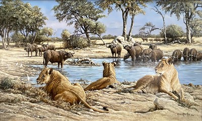 Lot 266 - Michael Kitchen-Hurle, contemporary, acrylic on canvas - The Watering Hole, signed and dated '99, 61cm x 102cm, in gilt frame
