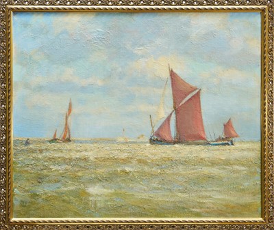 Lot 1213 - Fid Harnack RSMA (1897-1983) oil on board - A Weather Going Tide, West Mersea, signed, titled verso, 63cm x 76cm, in gilt frame