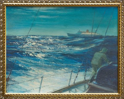 Lot 1214 - Fid Harnack RSMA (1897-1983) oil on board - Cruising a Night Passage signed, titled verso, 54cm x 70cm, in gilt frame
