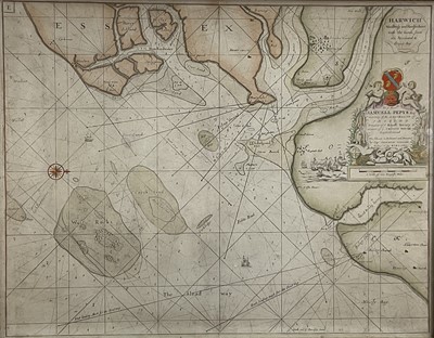 Lot 1311 - After Grenville Collins, circa 1756, handcoloured chart, "Harwich, Woodbridge and Handford Water" F&G