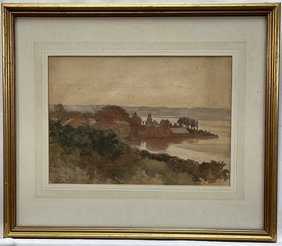 Lot 1314 - J. Waters, circa 1860, watercolour - Mistley Quay from Harwich Road, signed and indistinctly dated, inscribed, 25cm x 35cm, in glazed gilt frame