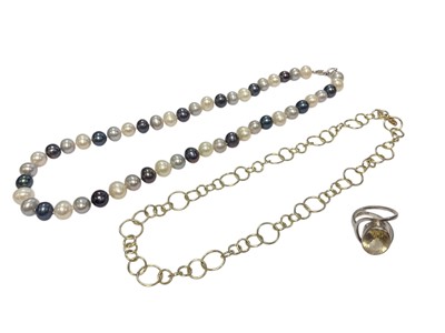 Lot 168 - Silver gilt circular link necklace, cultured pearl necklace and an abstract silver and citrine ring
