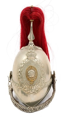 Lot 109 - Victorian 1871 Pattern Yorkshire Dragoons trumpeters helmet with white metal skull with ornate bi-metal helmet plate, original chinchains and leather liner, red horse hair plume (denoting for th...