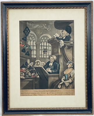 Lot 89 - 18th century hand-coloured mezzotint "The Sleepy Congregation", Corbet after Hogarth c1772 (originally Purcell after Hogarth 1736), F&G