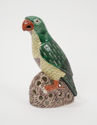 Lot 188 - Chinese porcelain figure of a parrot, 19th/20th century, modelled perched on a pierced base, painted in enamels, 20.75cm high