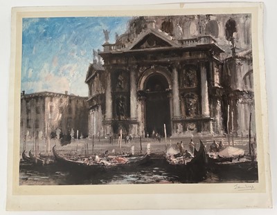 Lot 1211 - Edward Seago (1910-1974) signed lithograph - Gondolas by the Salute, Venice, published by Frost & Reed 1964, blindstamp lower left, unframed 63cm x 79cm
