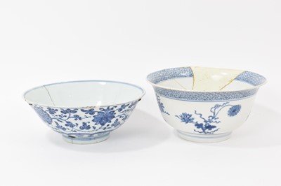Lot 190 - Chinese blue and white porcelain bowl, Chenghua mark to base but Kangxi period, finely painted with flowers, with diaper borders, and another blue and white bowl, Qianlong mark and period, paint...