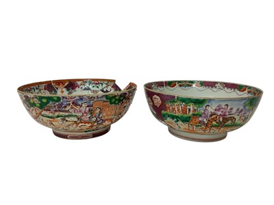 Lot 192 - Two 18th century Chinese famille rose export porcelain punch bowls decorated with fox hunting scenes, both 28.5cm diameter