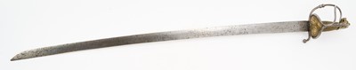 Lot 144 - Late 17th century Swiss Officer's sabre with brass lion's head pommel, steel and brass semi- basket guard with thumb ring, original wire bound grip, curved blade with armourers marks, the blade 85...