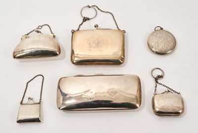 Lot 959 - Group of six various silver purses, the largest of cushion form, 11cm wide