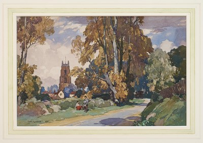 Lot 1250 - Leonard Russell Squirrell (1893-1979) watercolour - Stoke by Nayland, from the Nayland Road, signed and dated 1943, titled verso, 26.5cm x 40.5cm, in glazed frame