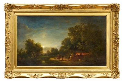 Lot 1328 - John Berney Crome (1794-1842) oil on canvas - Wayfarers at the Smithy, Hingham, Norfolk, signed, 53.5cm x 92cm, in gilt frame