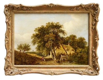 Lot 1324 - Samuel Colkett (1806-1863) oil on panel - figures beside a cottage in an extensive landscape, 24cm x 34cm, in gilt frame