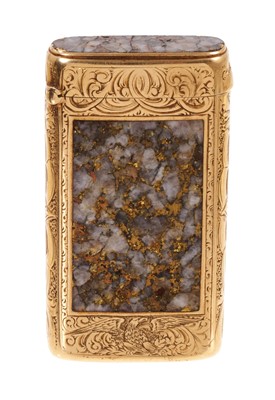 Lot 629 - American 'Gold Rush', probably 14k vesta case, with gold quartz stone panels, engraved eagle and floral scroll decoration, circa 1870