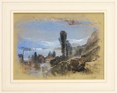 Lot 1316 - Henry Bright (1810-1873) pastel and charcoal - View of Locarno with Lake Maggiore beyond, initialled, 24cm x 33cm, in glazed frame