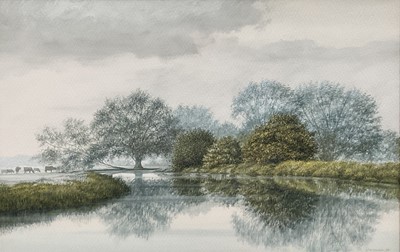 Lot 1118 - Michael Pettersson (b.1939) gouache - On The Stour, signed and dated 7/80, 33cm x 52cm, in glazed frame