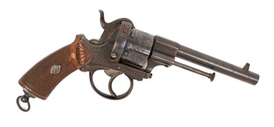 Lot 152 - Good quality French Pinfire Officer's revolver circa 1860 with floral engraved steel frame and six shot cylinder retaining much original finish, ornate carved and chequered walnut grips with stee...
