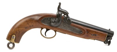 Lot 154 - Fine Victorian percussion Customs-type belt pistol retaining most original finish, Crowned VR 1855 dated Tower lock, 15cm barrel with Ordanence marks and steel swivel ramrod, walnut stock with b...