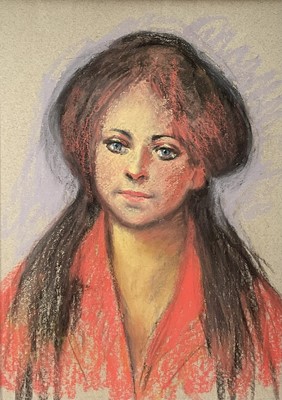 Lot 1268 - *Tom Keating (1917-1984) pastel on paper - portrait of a lady, probably a girlfriend, signed, 50cm x 35cm, in glazed gilt frame. Together with Keating's painting stool (2)