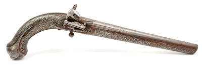 Lot 156 - Good quality early 19th century Ottoman miquelet flintlock pistol with ornate silver inlaid wire work decoration, steel barrel with Islamic mouldings and armours marks, silver damascened back str...