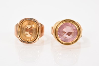 Lot 659 - Two gold and gem-set signet rings, each with a mixed cut stone in gold setting.