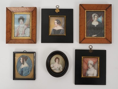 Lot 985 - Good group of six 19th century portraits of ladies on ivory