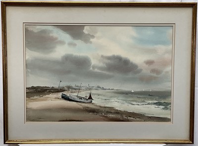 Lot 1276 - Leslie Hardy Moore (1907-1997) watercolour - 'Towards Southwold from Dunwich Beach', signed, 38cm x 57cm, in glazed gilt frame