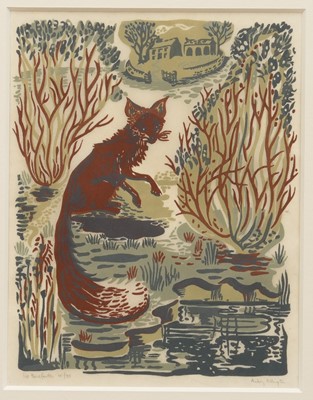 Lot 1278 - Audrey Pilkington (1922-2015) and Patrick Heriz-Smith (1920 - 2011) limited edition colour linocut - 'Fox', signed by both artists, 10/70, 25cm x 20cm, in glazed frame. It is thought approximate...