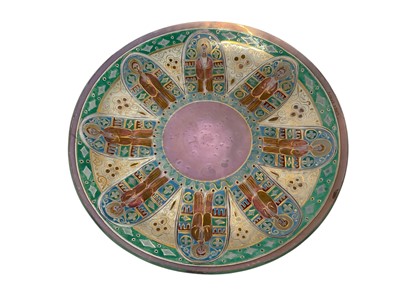 Lot 13 - Unusual Eastern semi-translucent glass dish enamelled and gilt with apostles, 23.5cm diameter